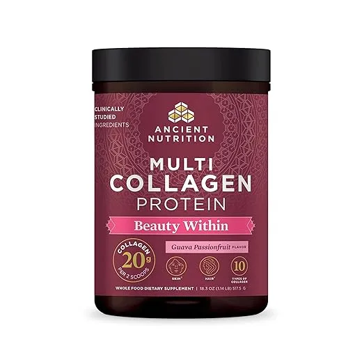 Ancient Nutrition Collagen Powder Protein, Multi Collagen Protein Beauty Within, Guava Passionfruit, with Vitamin C, Hydrolyzed Collagen Peptides Supports Healthy Skin and Nails, 18.4oz